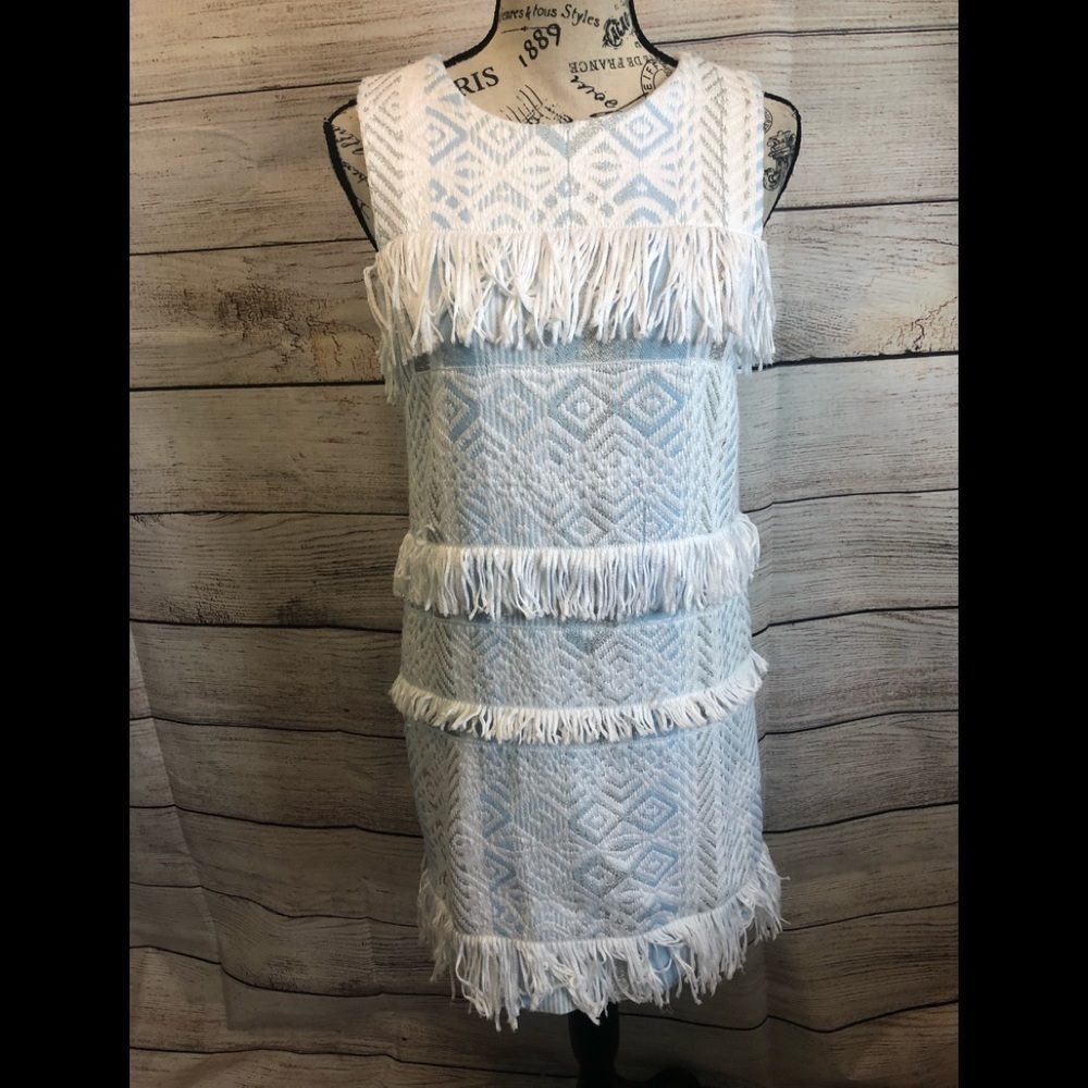 Alice Walk Elegant White and Blue Fringe Dress